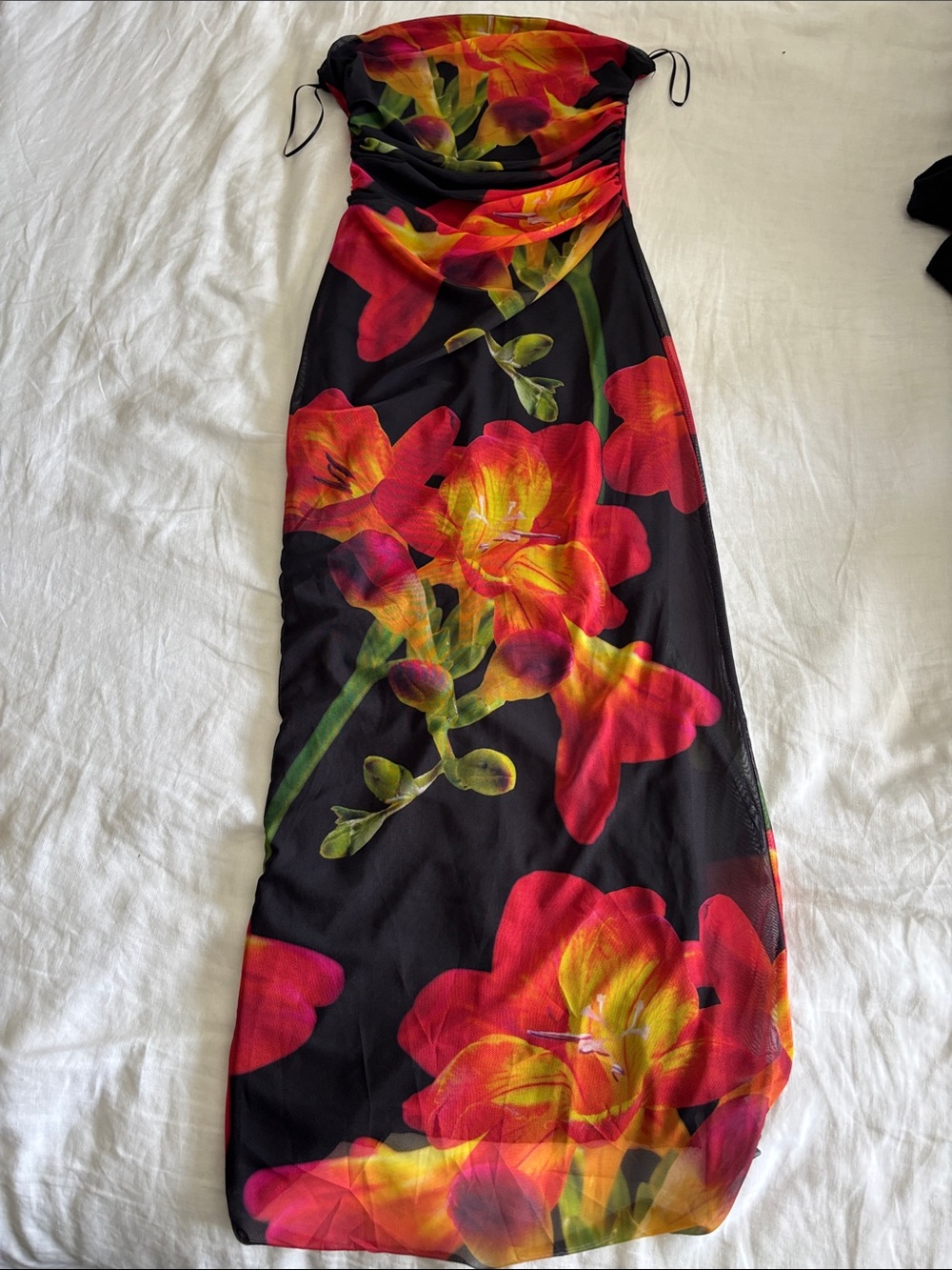 Zara Black Strapless Maxi Skirt with Red & Yellow Floral Print